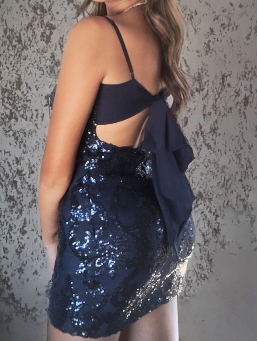 Navy Sequin Back-Tie Long Sleeve Dress